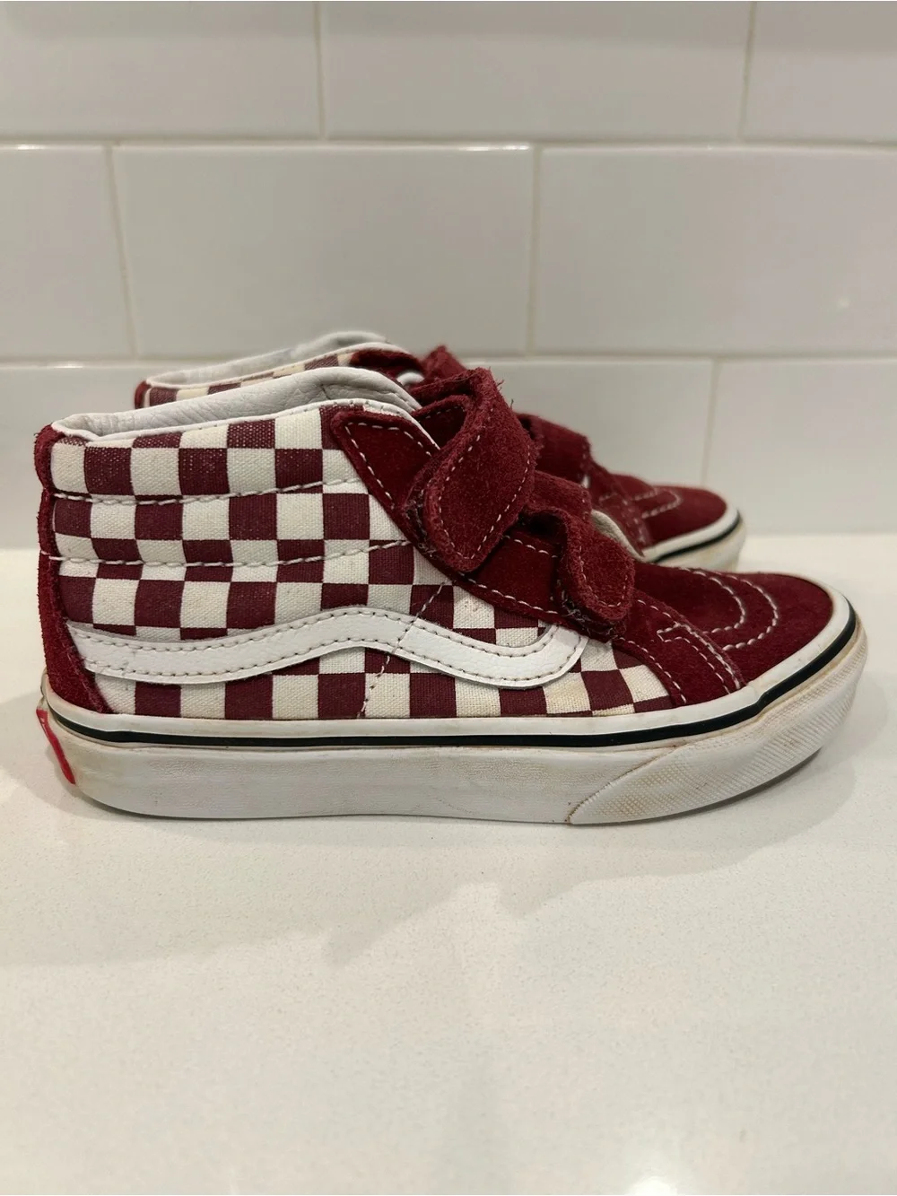 Preloved Vans Red/Maroon Checkerboard Mid Sk8 Kids Shoes Size 13!
